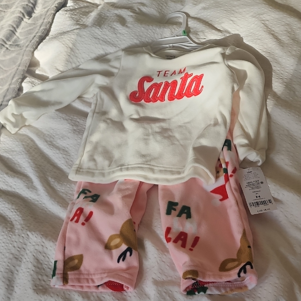 Carter's White and Pink Team Santa Pajama Set